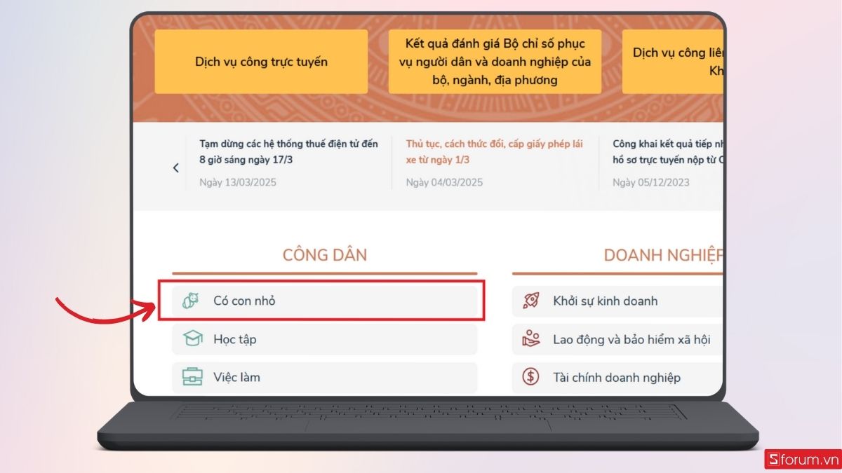 Vào mục Công dân và chọn mục Có con nhỏ
