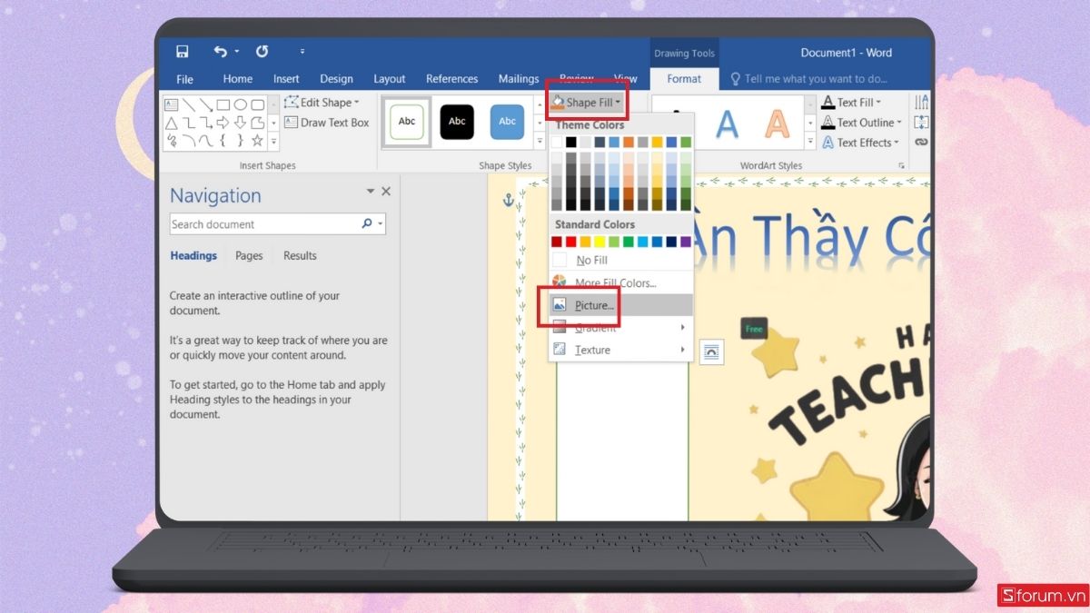 Nhấn Shape Fill để đặt hình ảnh làm nền cho Text Box