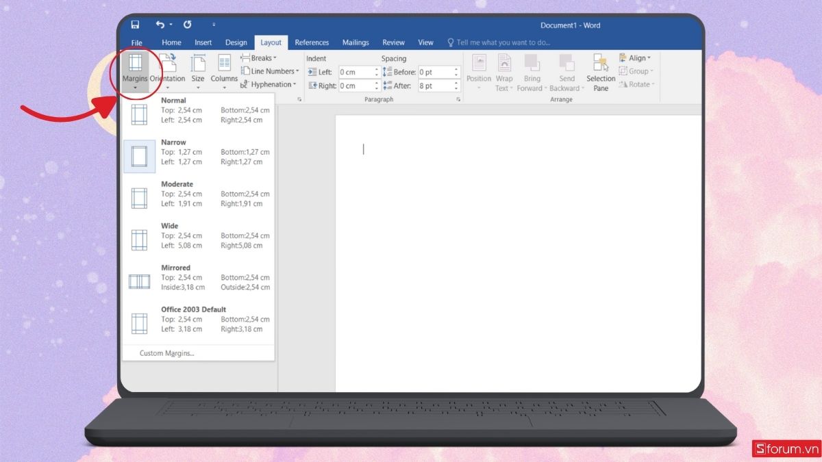 Mở Margins trên thanh công cụ