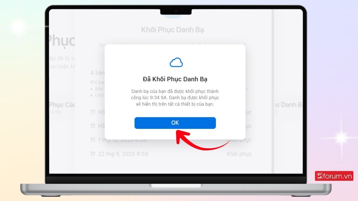 Hoàn tất quá trình khôi phục danh bạ trên iCloud
