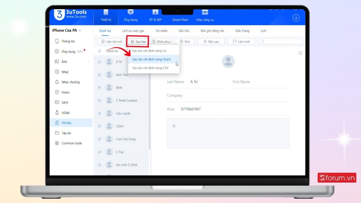 Sao lưu danh bạ dưới dạng tập tin Vcard