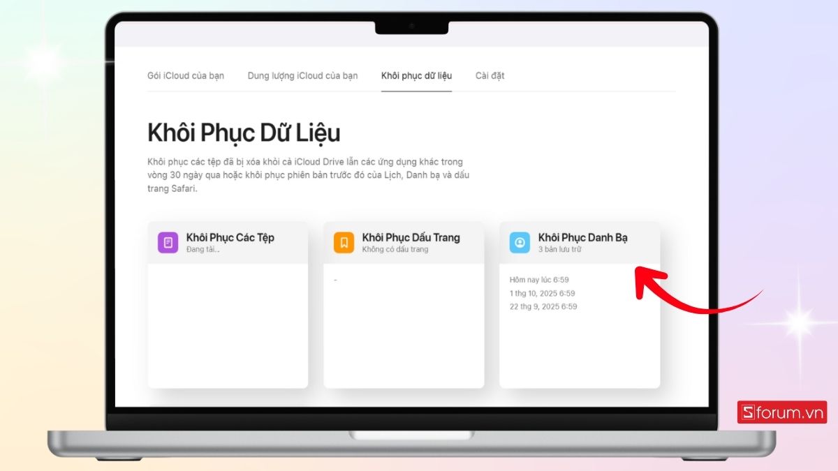 Chọn mục Khôi phục danh bạ