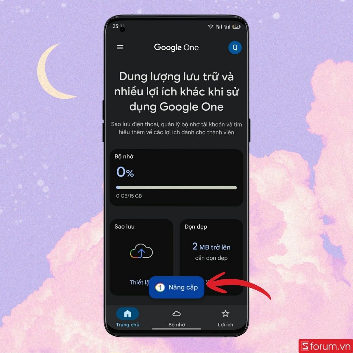 Nhấn ngay vào mục nâng cấp bộ nhớ trên Google One