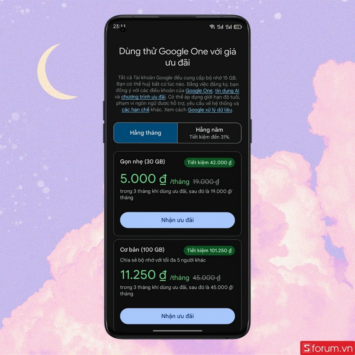 Lựa chọn gói mua dung lượng trên Google One
