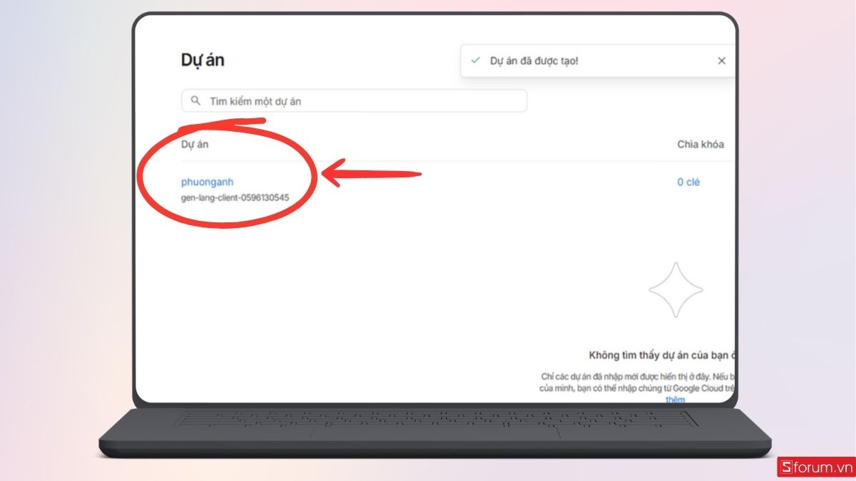 Dự án vừa tạo sẽ được hiển thị như hình