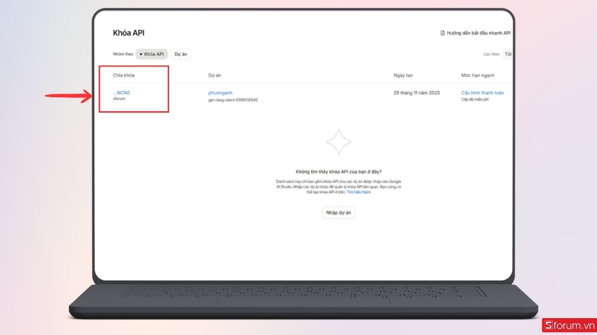 Khóa API vừa tạo sẽ được hiển thị