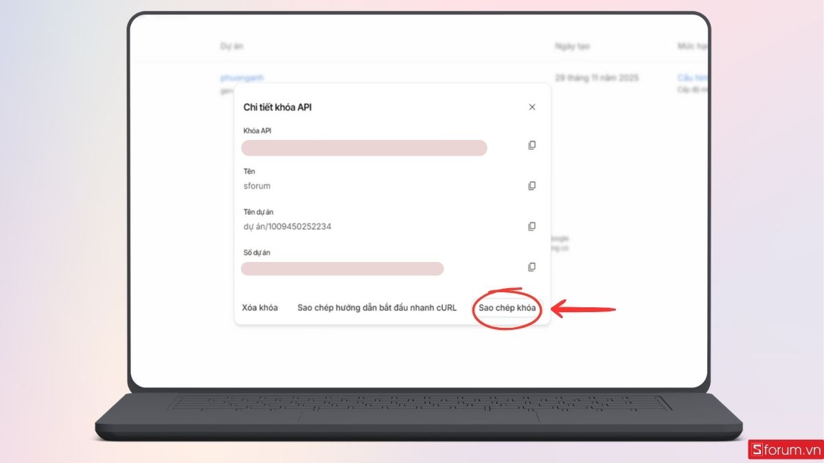 Sao chép mã khóa API