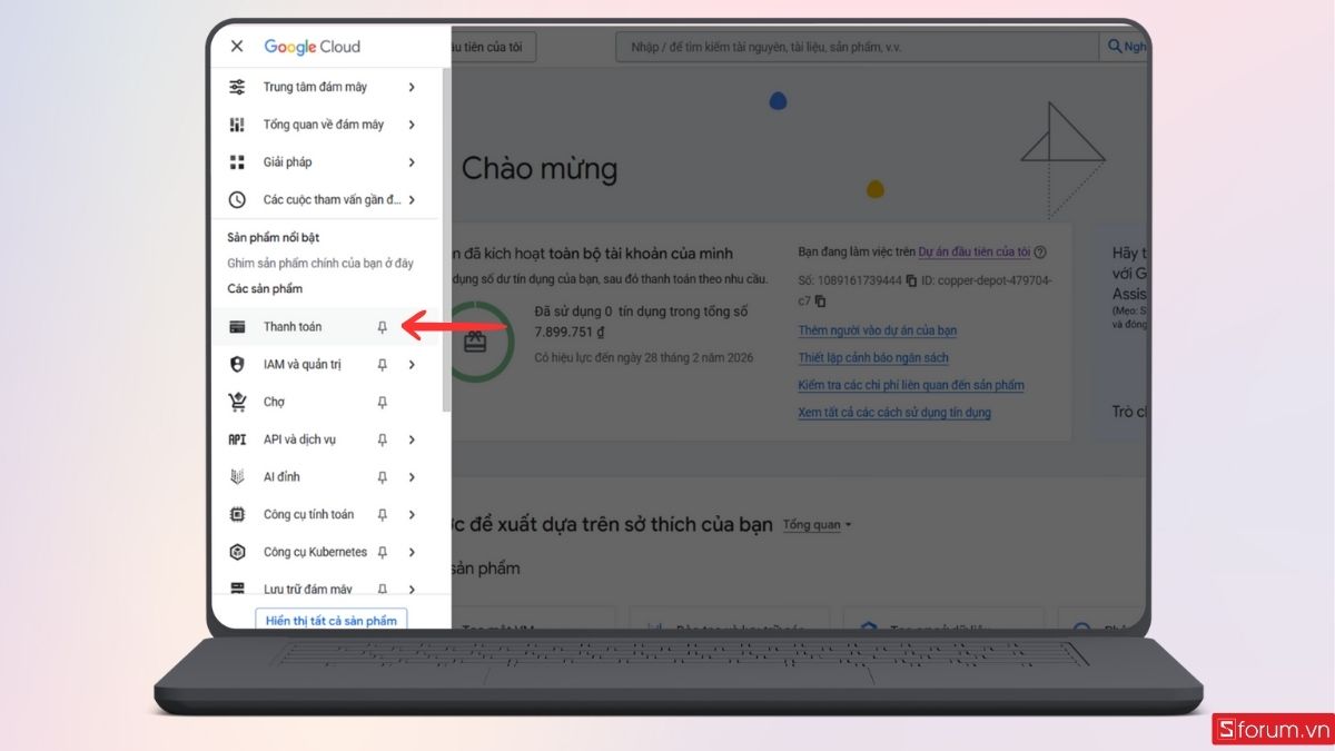 Chọn mục Thanh toán trong Google Cloud