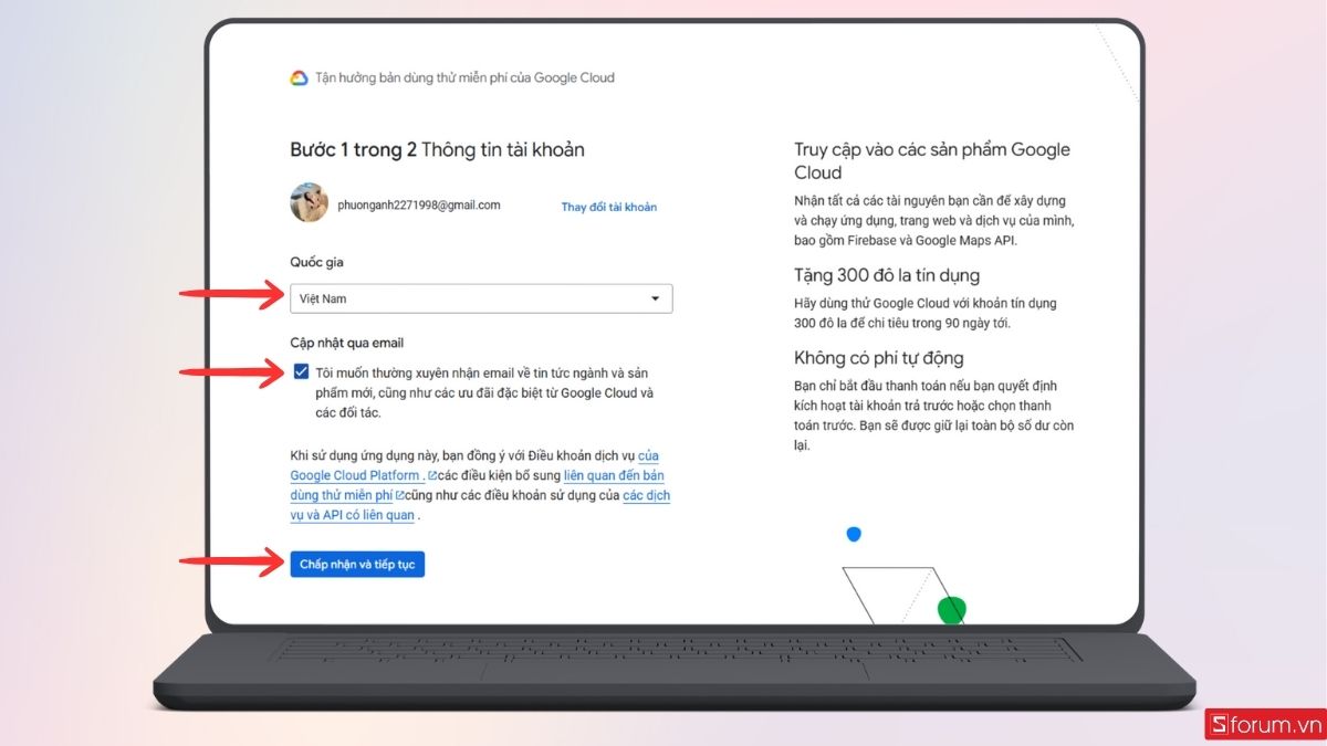 Chấp nhận và tiếp tục các điều khoản trên Google Cloud