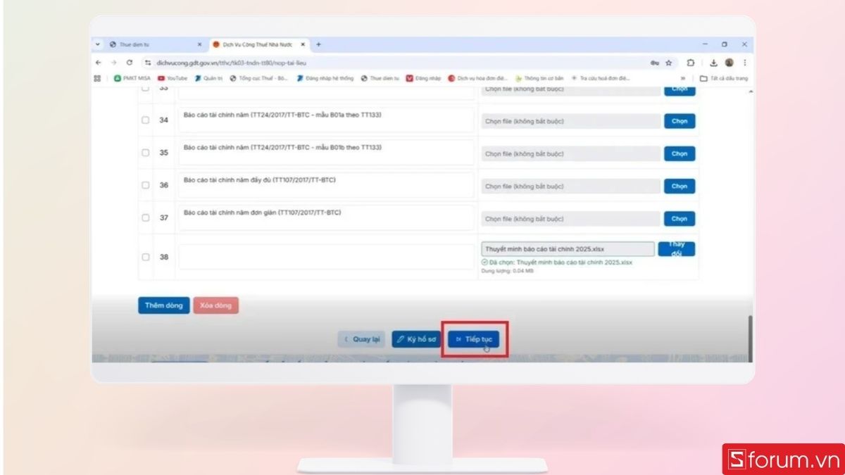 Nhấn tiếp tục để gửi hồ sơ