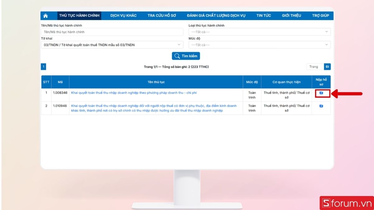 Nhấn Nộp hồ sơ tại đây