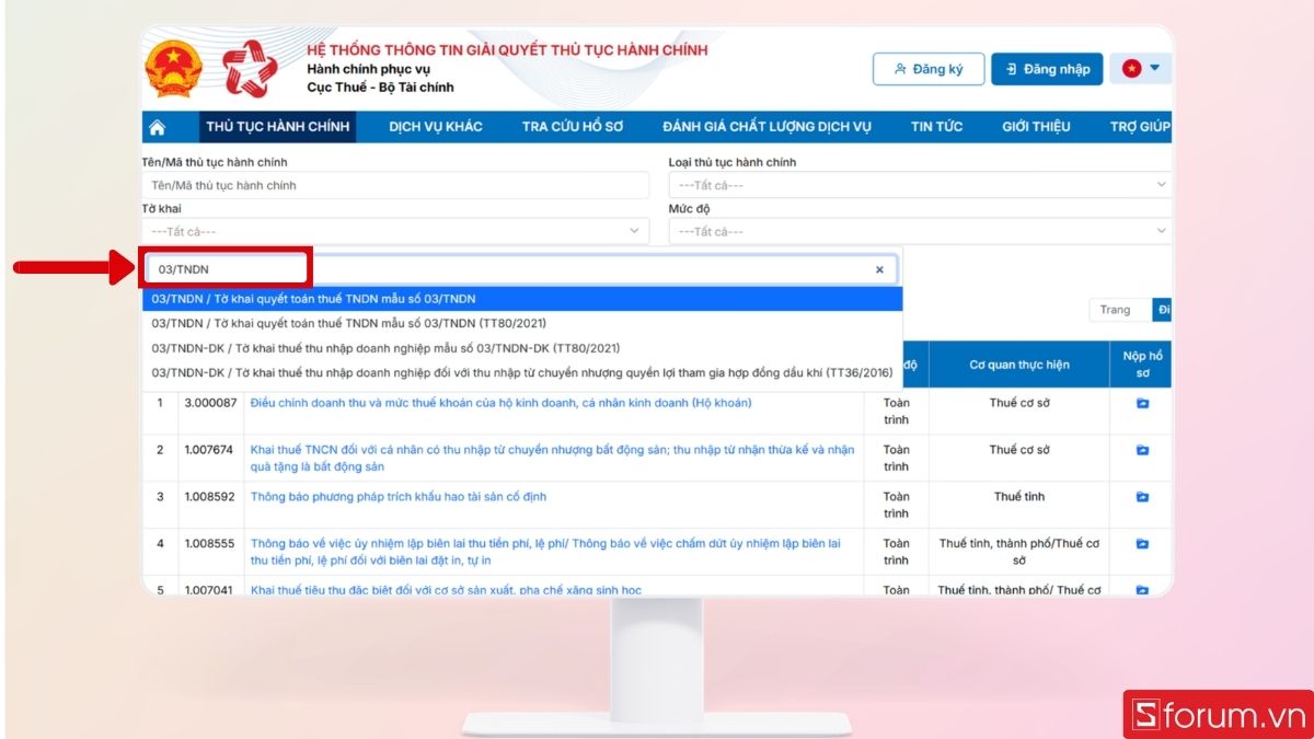 Ở mục Tờ khai nhấn chọn 03/TNDN
