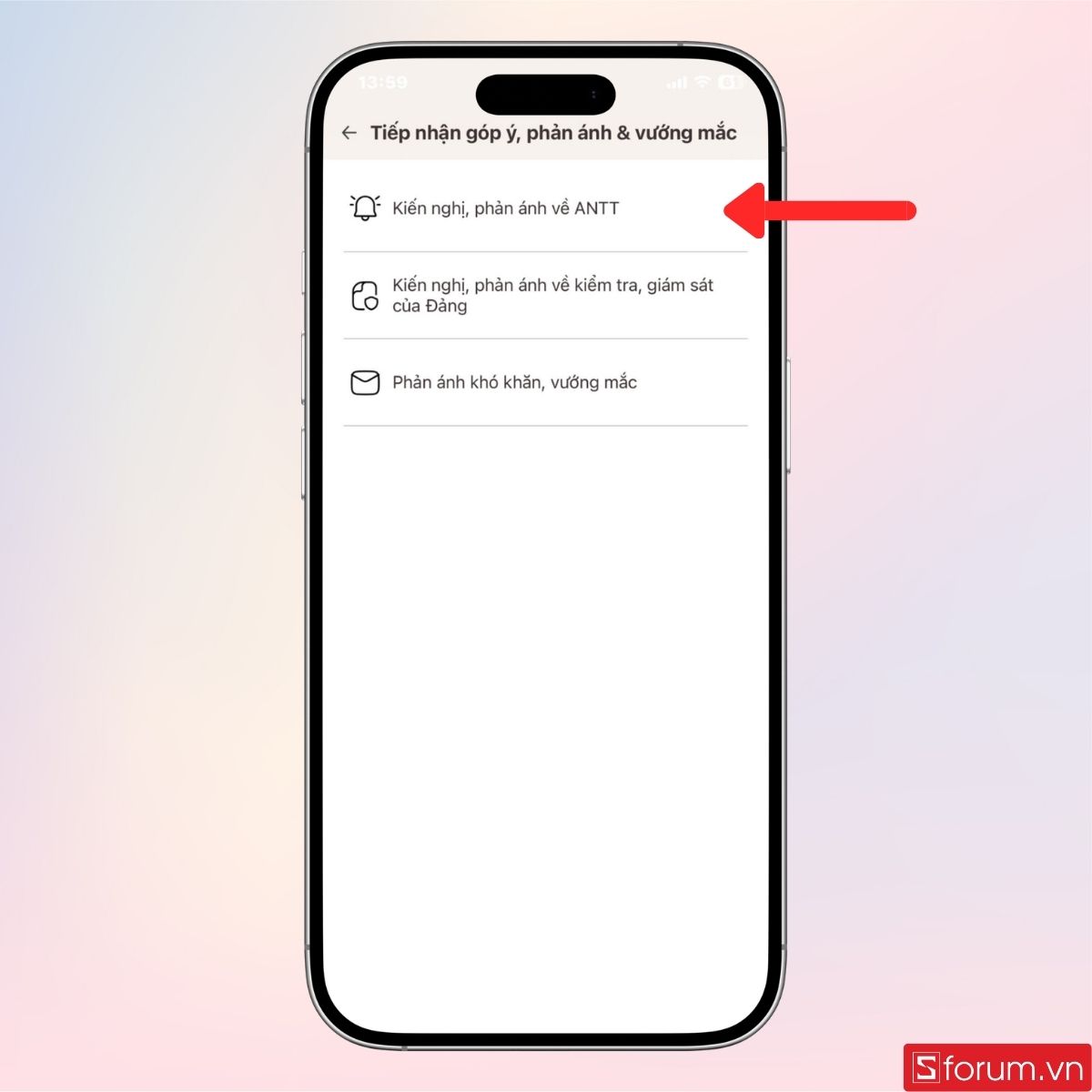 Nhấn chọn mục Kiến nghị, phản ánh về ANTT