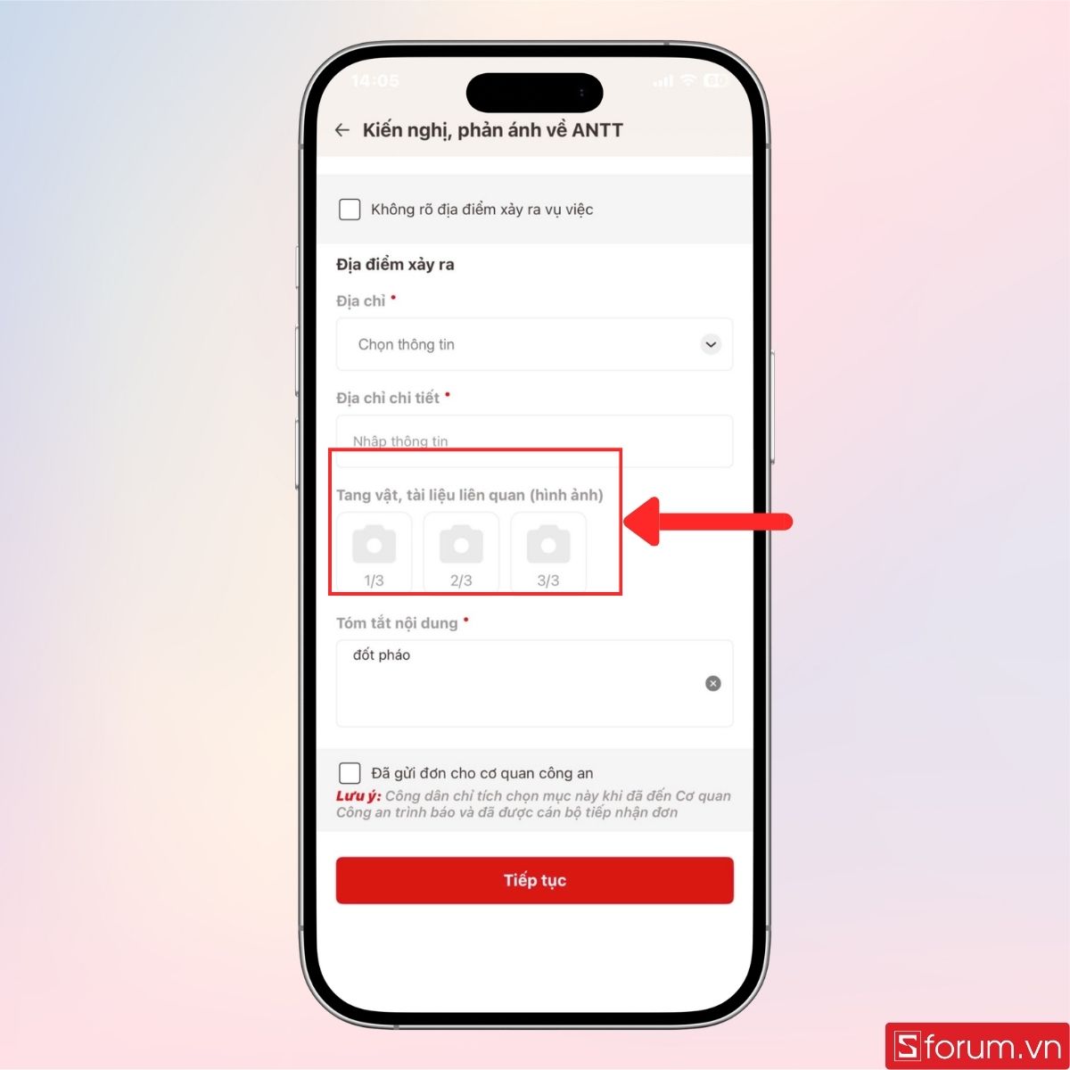 Tải lên các bằng chứng, video, ghi âm đính kèm nếu có