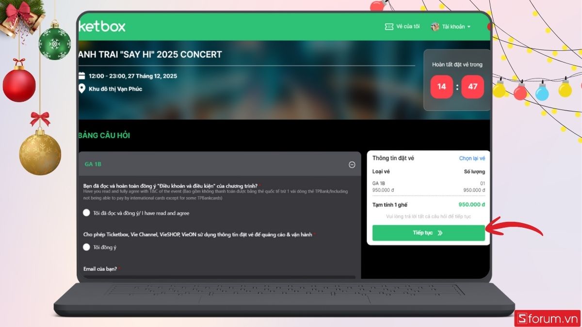 Nhấn Tiếp tục để bắt đầu thanh toán