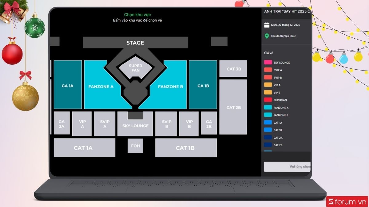 Giao diện vị trí và sơ đồ sân khấu hiện lên như hình