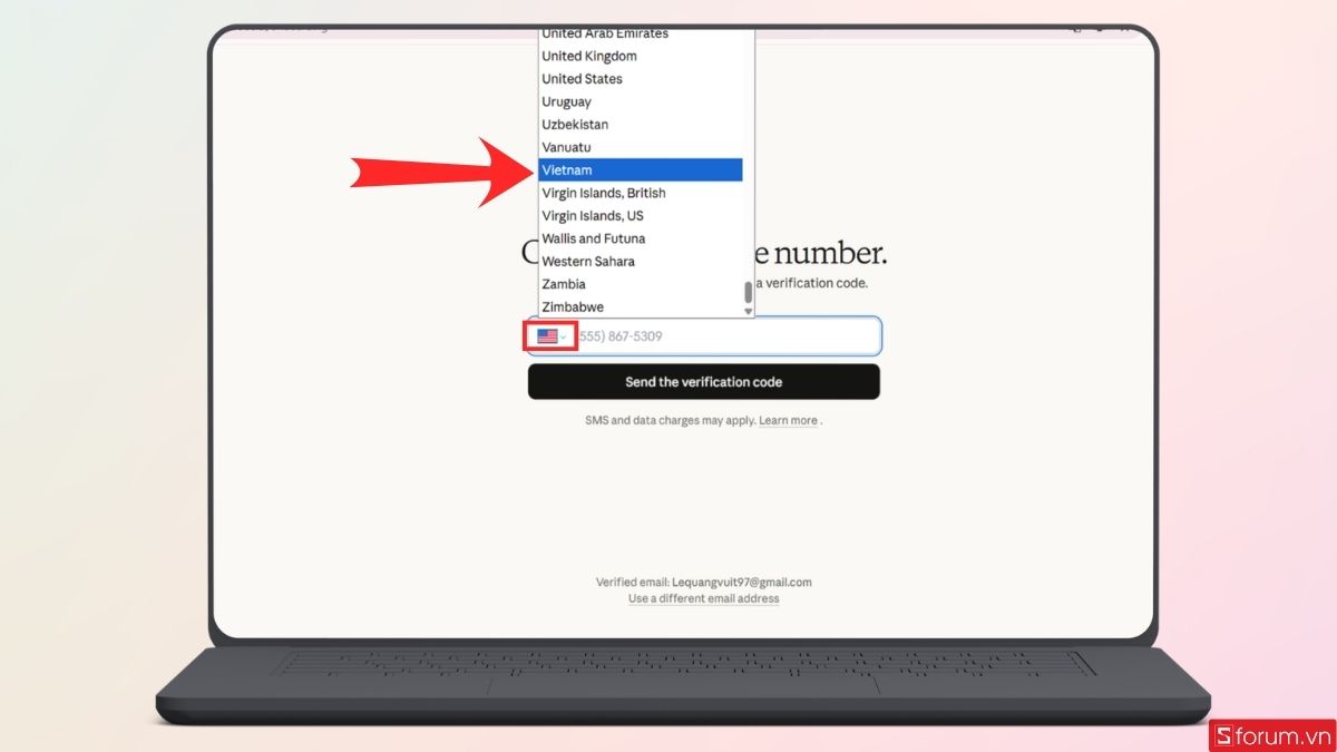 Chọn khu vực Việt Nam và nhập SDT