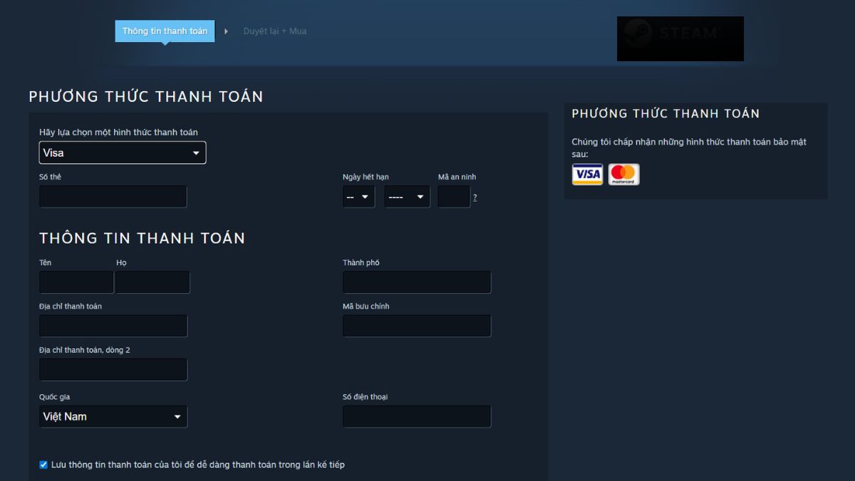 Nhập phương thức thanh toán phù hợp