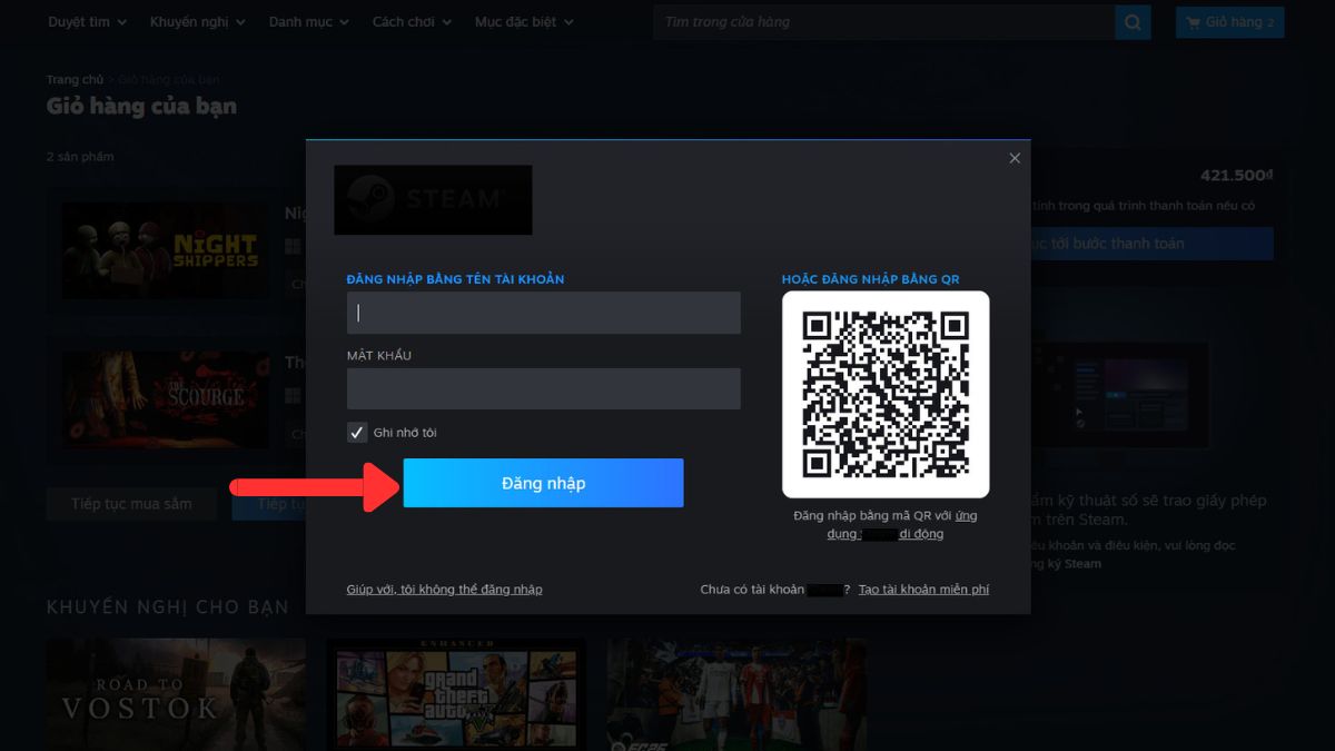 Đăng nhập tài khoản vào Cửa hàng trực tuyến