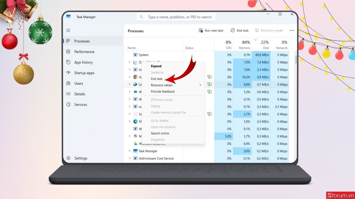 Chọn ứng dụng cần tắt và chọn End Task