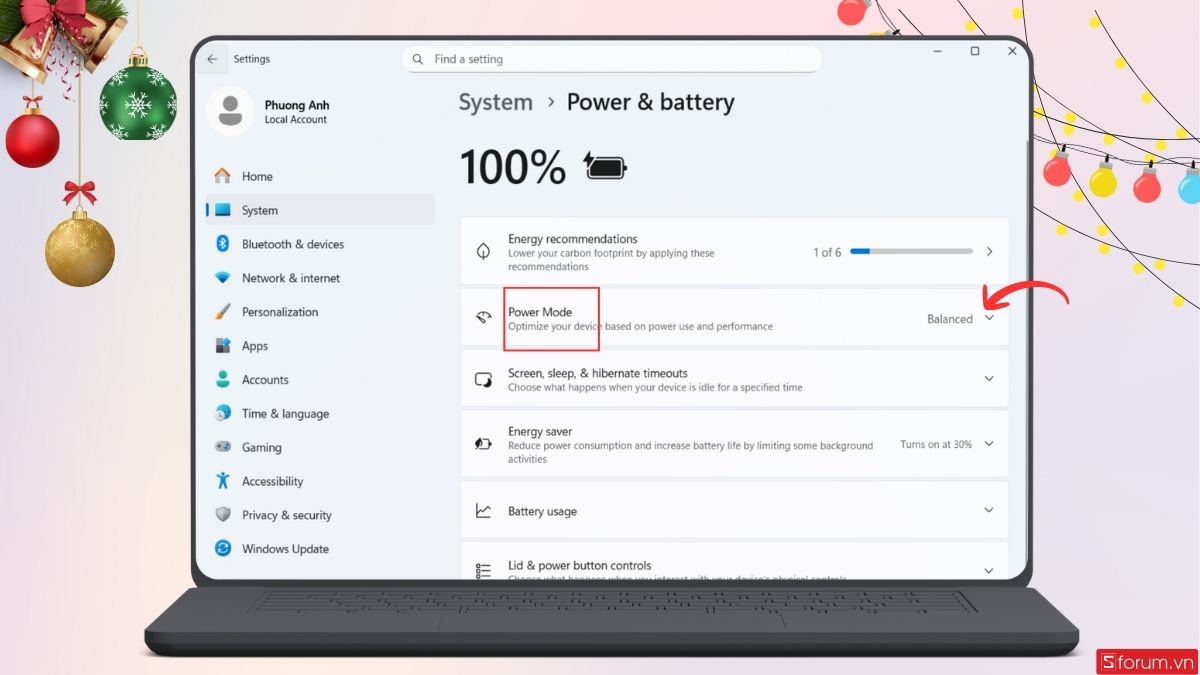Mở tùy chọn Power mode