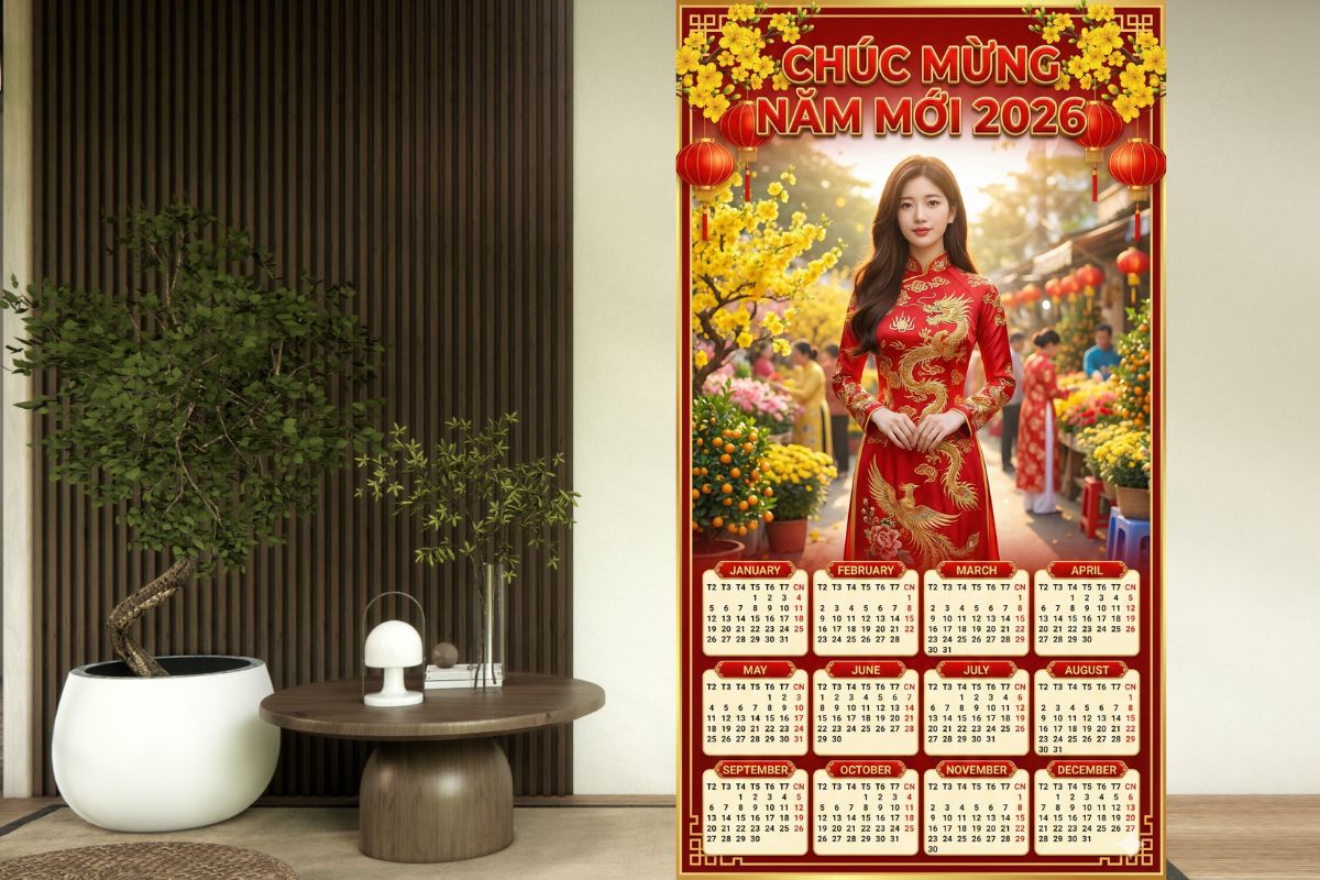 Lịch Chúc Mừng Năm mới 2026, backgroud ở chợ tết