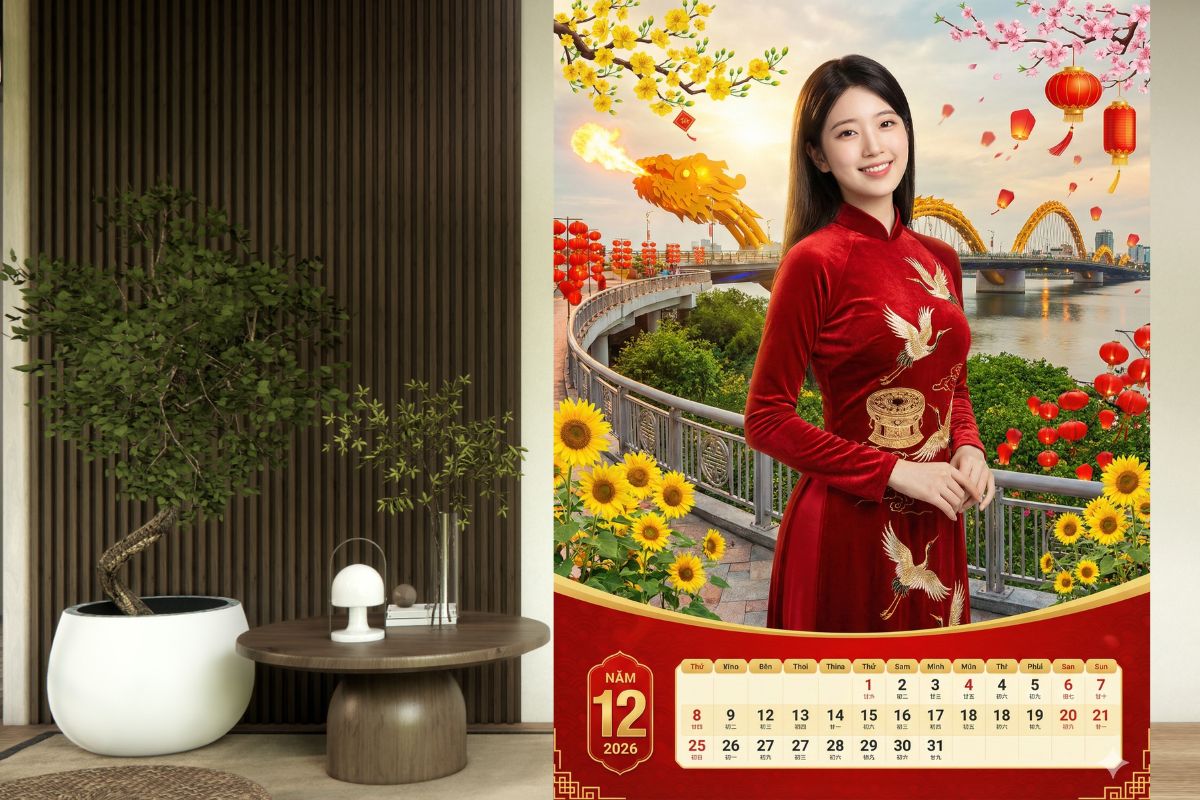 Lịch tết 2026 phong cảnh Cầu Rồng Đà Nẵng 