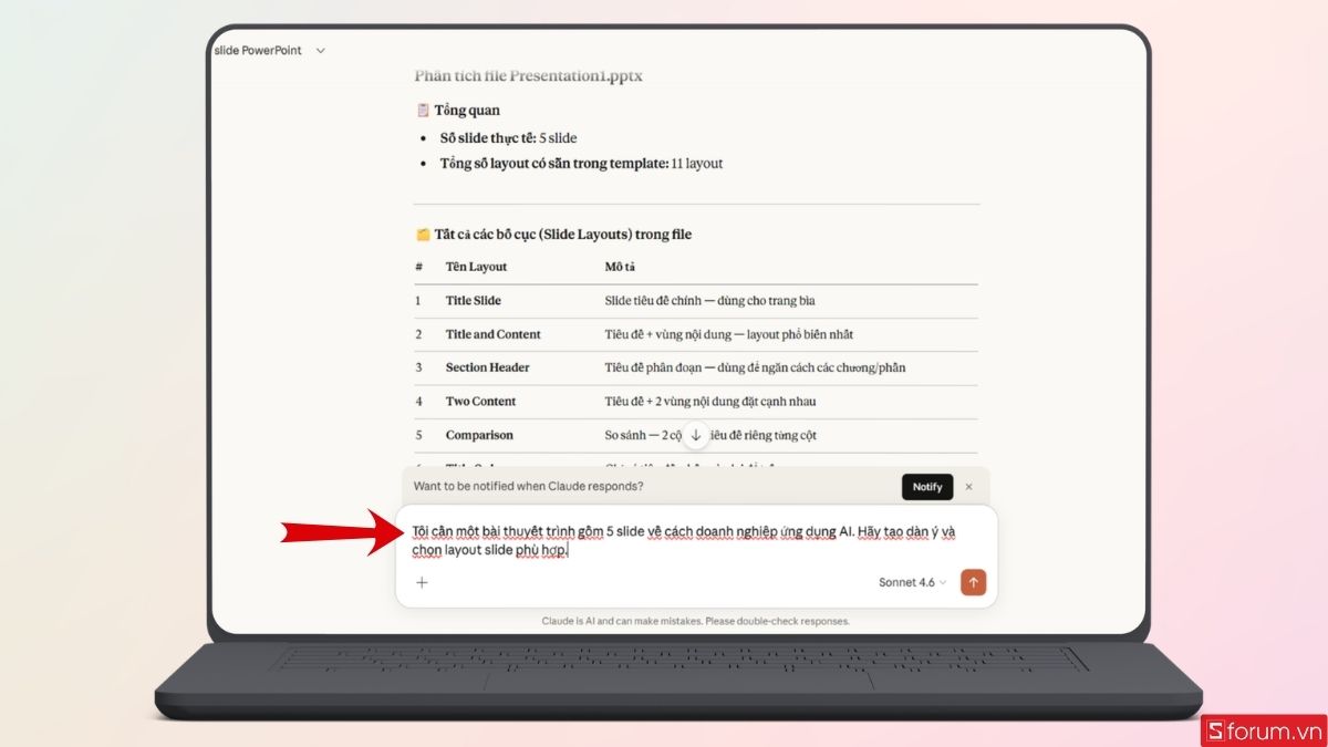 Tiếp tục nhập prompt để mô tả nội dung bài thuyết trình