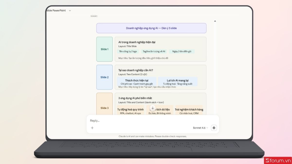 Claude sẽ đề xuất cấu trúc bài thuyết trình chi tiết