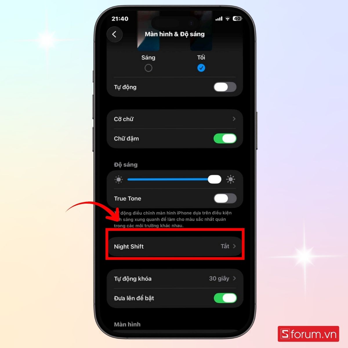 Tắt chế độ bảo vệ mắt trên iPhone trong Cài đặt - bước 2