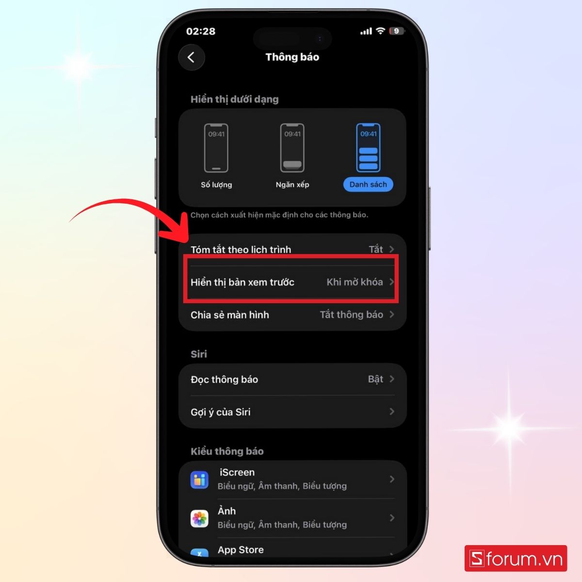 Mở mục hiển thị bản xem trước