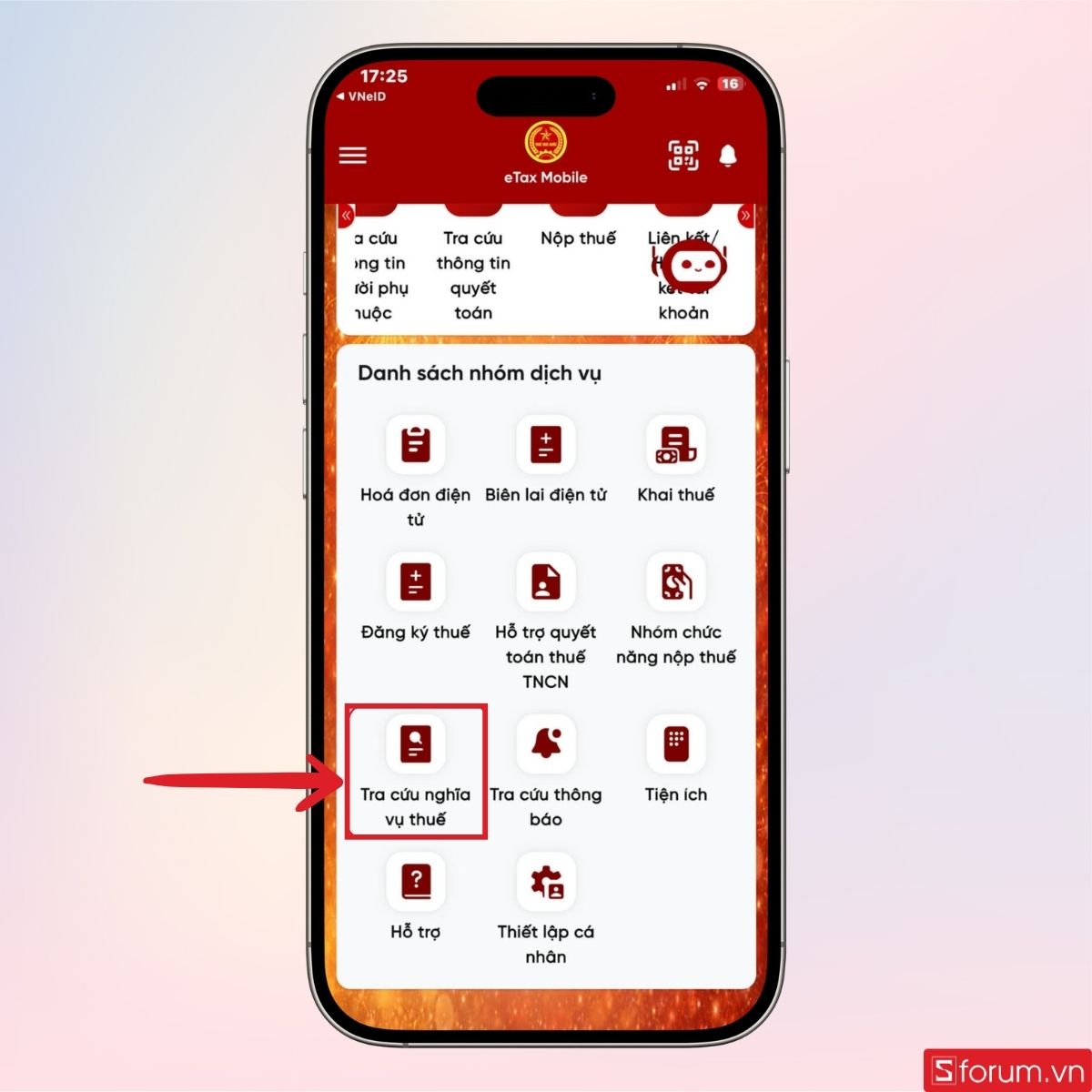 Nhấn chọn mục Tra cứu nghĩa vụ thuế