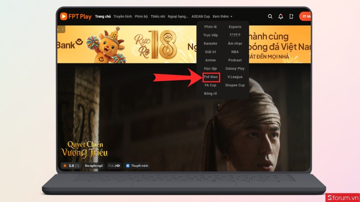 Nhấn vào mục Thể thao