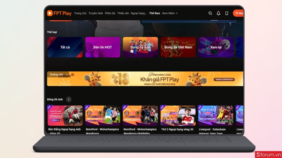 Danh mục các thể loại thể thao sẽ được hiển thị như hình