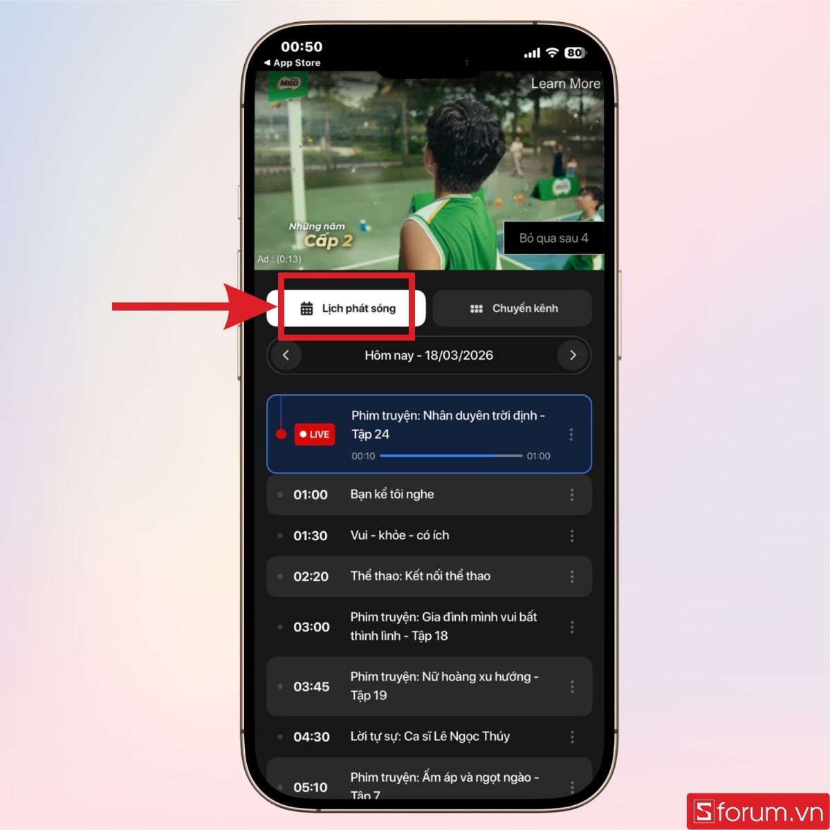 Nhấn vào Lịch phát sóng để điều chỉnh ngày giờ xem (Hình ảnh mang tính minh họa)