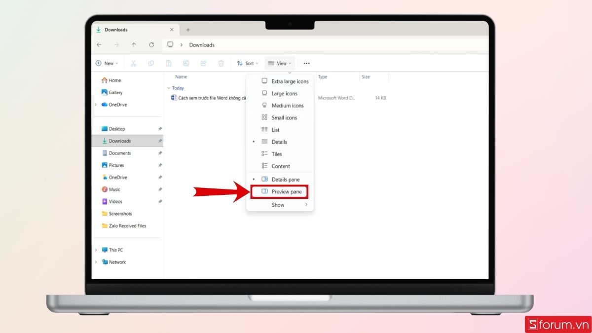 Bạn tiếp tục nhấn vào mục Preview pane
