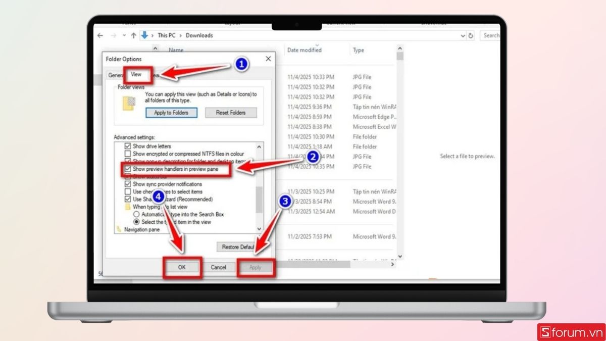 Tìm và chọn vào mục Show preview handlers in preview pane