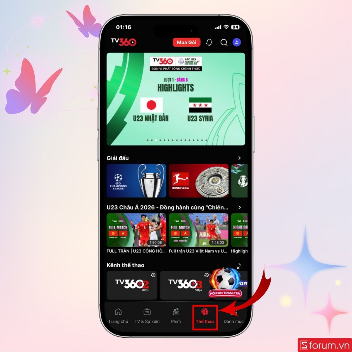 Nhấn vào mục Thể thao