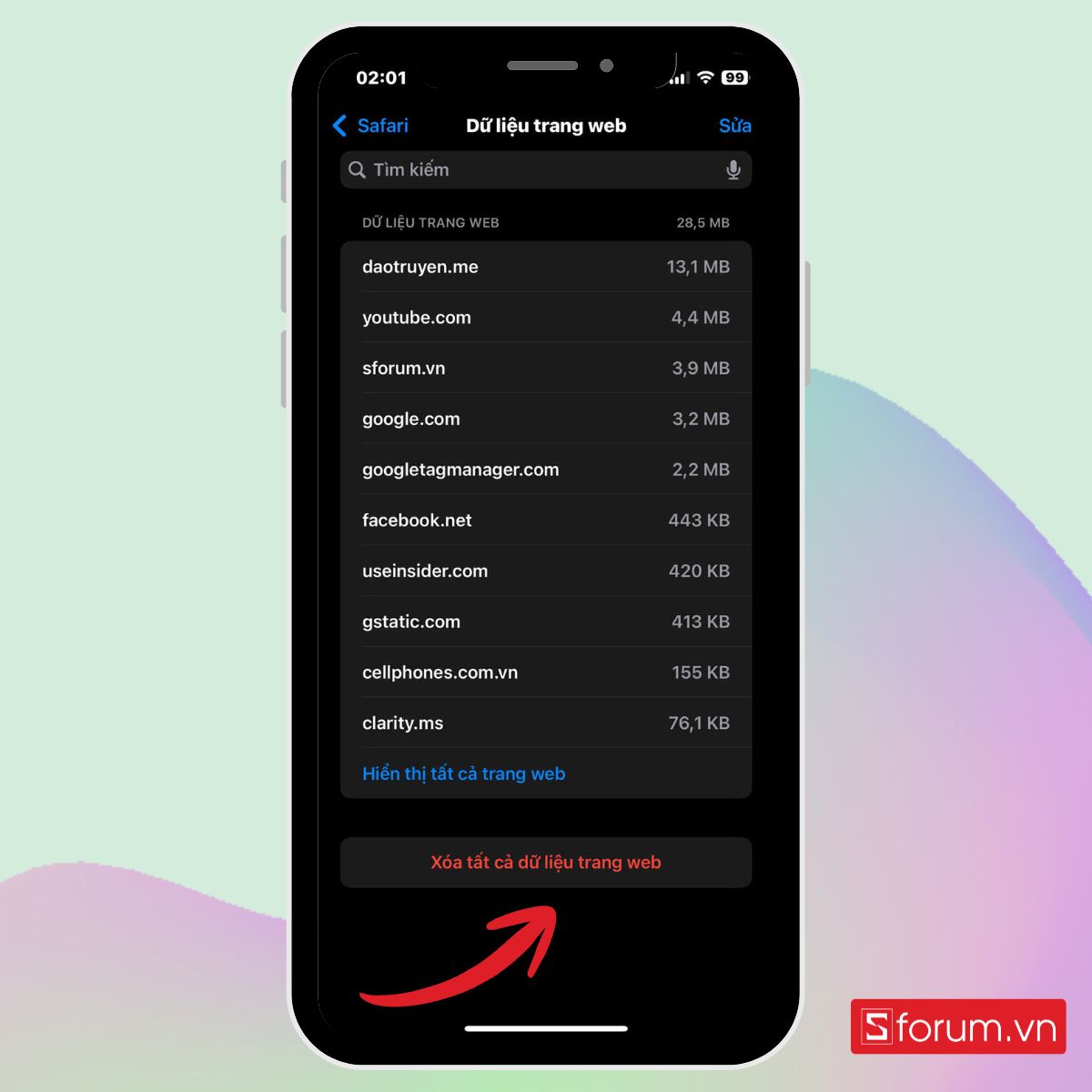 hướng dẫn Cách xoá bộ nhớ đệm Safari trên iPhone bước 3