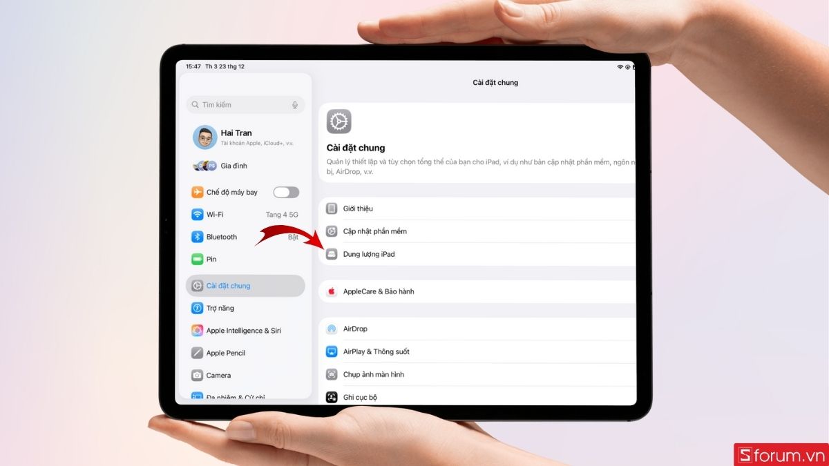 Nhấn vào mục Dung lượng iPad