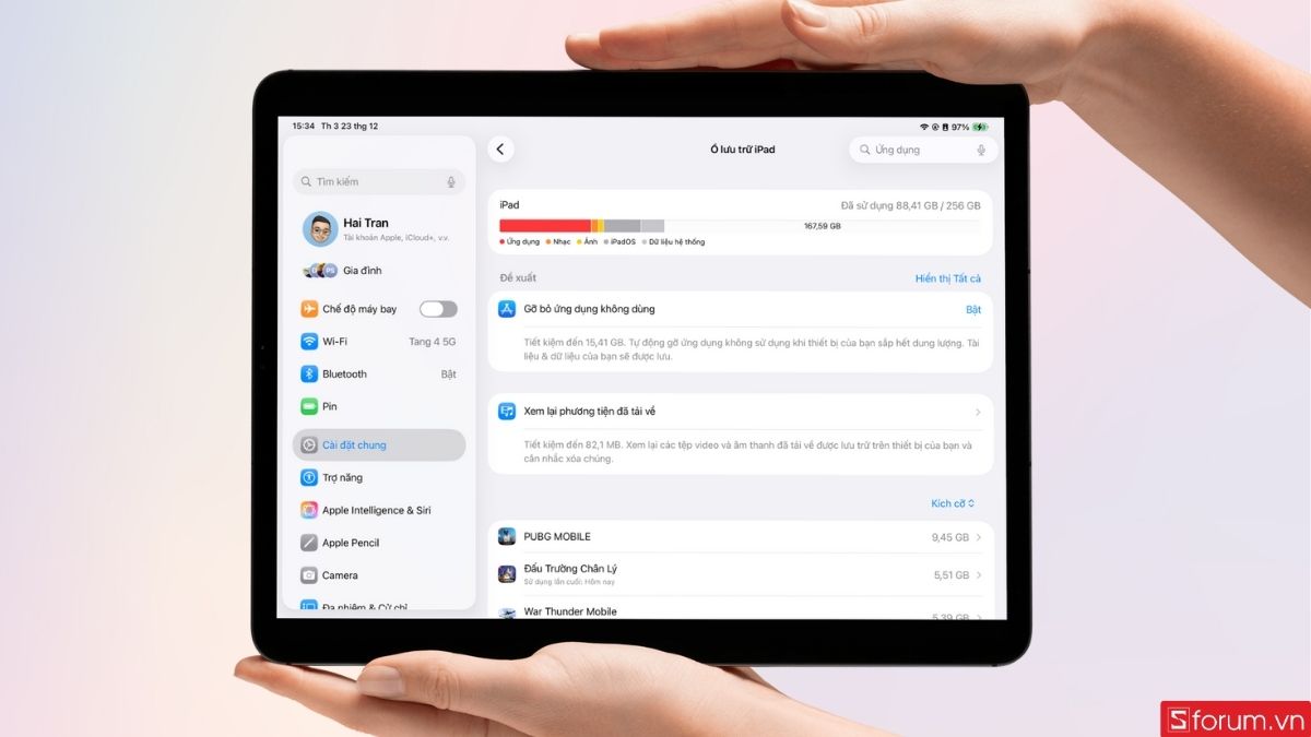 Dụng lượng iPad sẽ hiển thị cụ thể