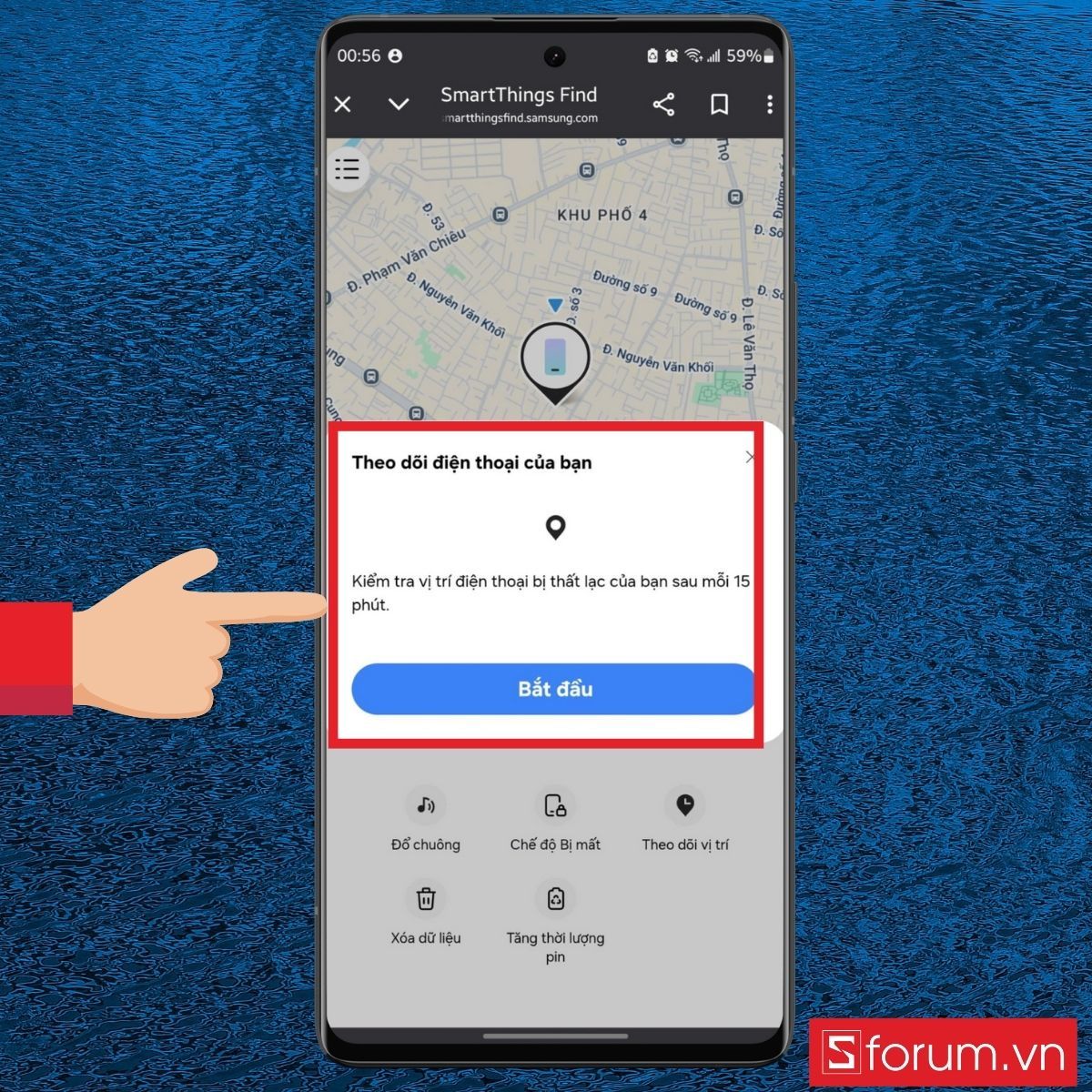 Nhấn bắt đầu để theo dõi điện thoại của bạn