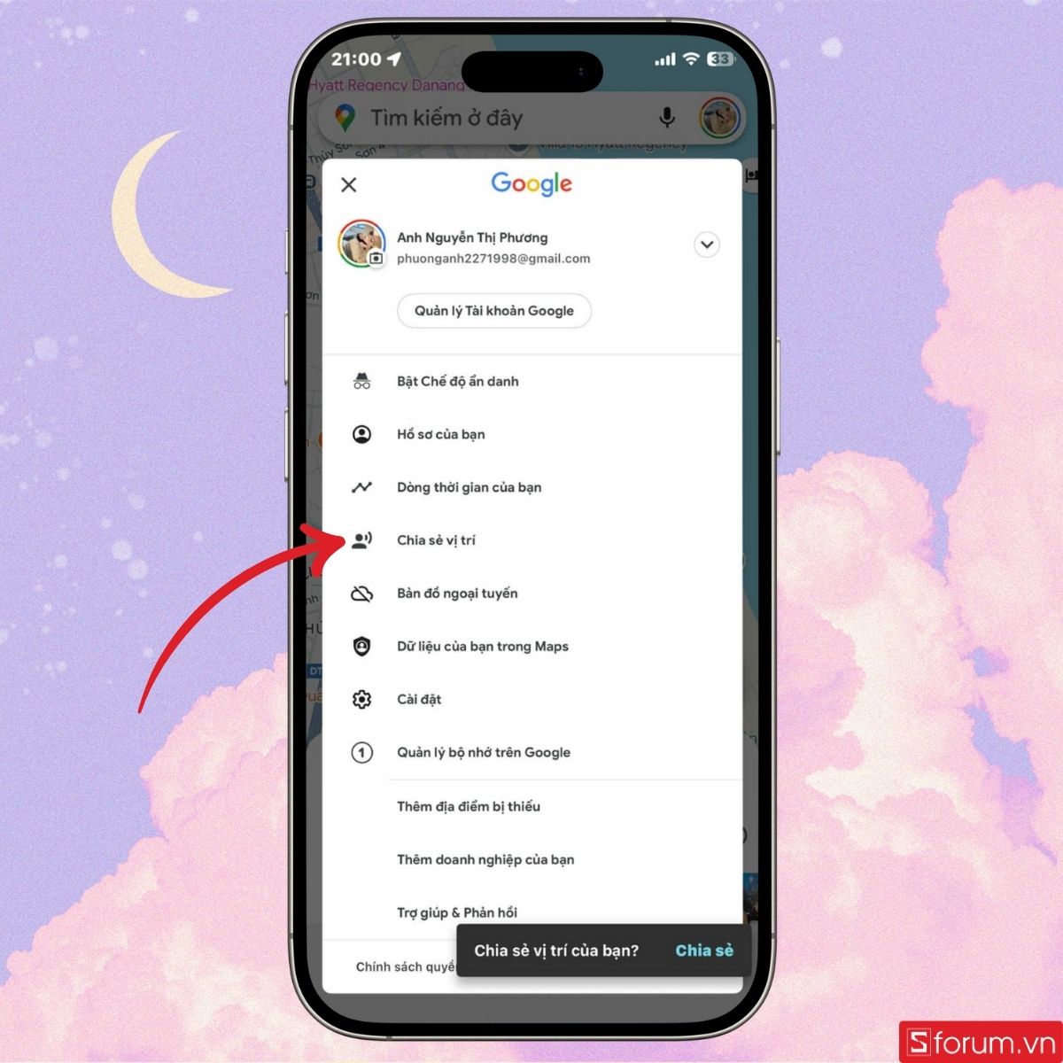 Nhấn vào chia sẻ vị trí