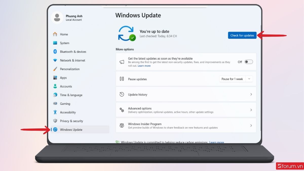 Nhấn chọn Windows Update trong mục Cài đặt trên máy tính