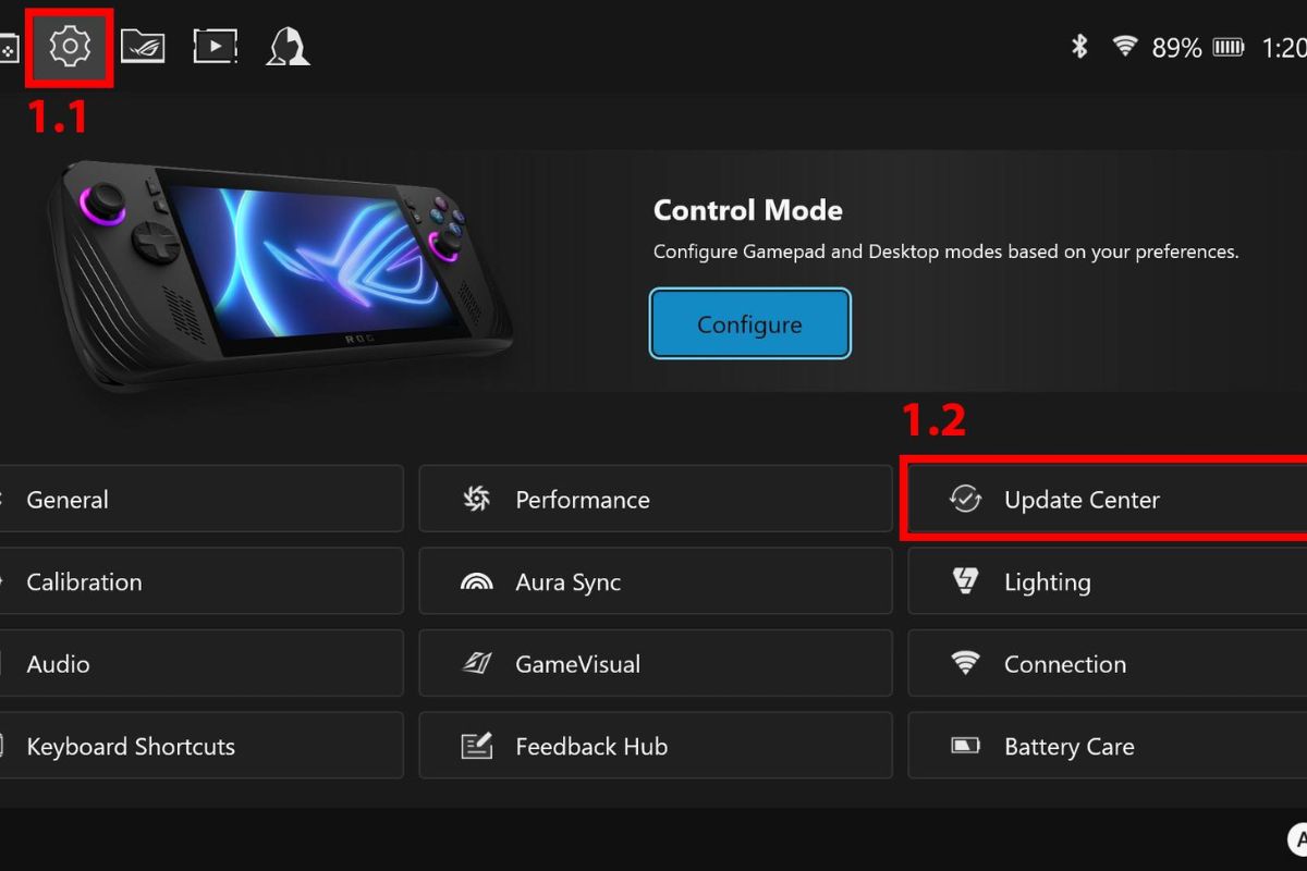 Nhấn chọn Update Center trong mục Cài đặt