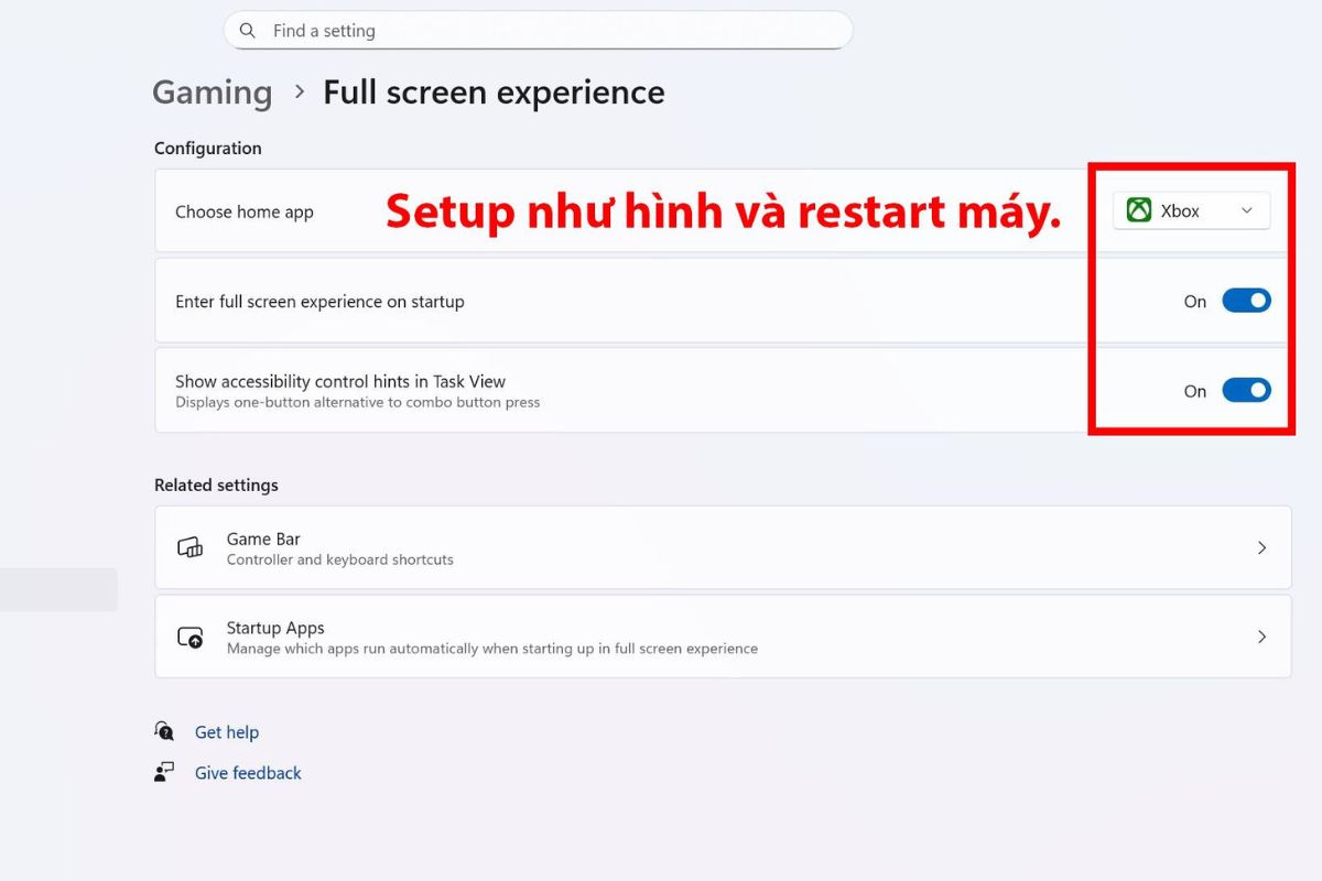Bật công tắc các nội dung cụ thể theo hình trên