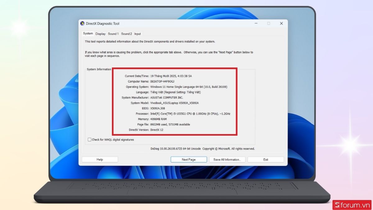Xem thông tin cấu hình ở cửa sổ DirectX