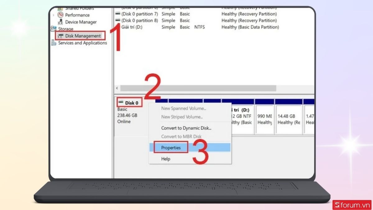 Mở cửa sổ Disk Management