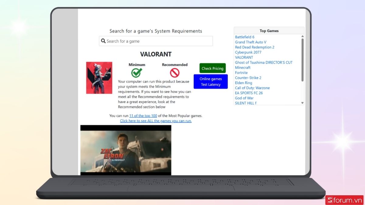 Trang web sẽ đưa ra đề xuất cầu hình laptop của bạn có phù hợp với VALORANT hay không
