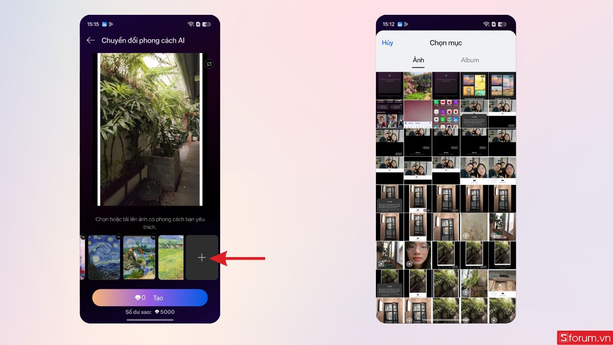 Nhấn vào dấu + để tải ảnh phong cách muốn chuyển đổi